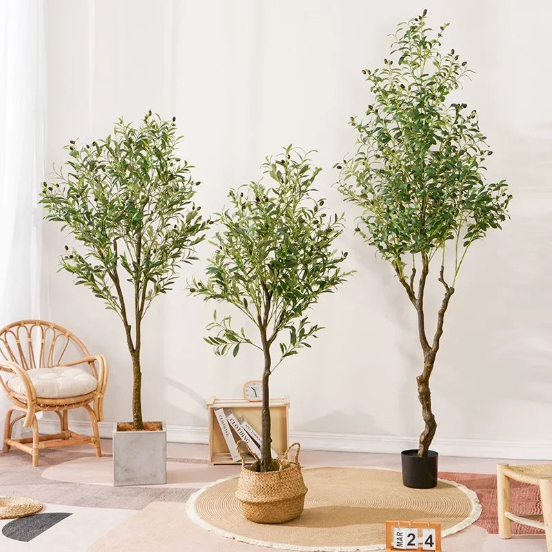Großer Olivenbaum, künstliche Pflanze, künstlicher Olivenbaum mit Becken, 60 cm bis 210 cm, tropischer Seidenbaum für Zuhause, Büro, Party-Dekoration